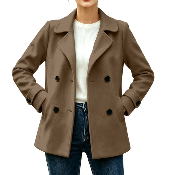 CHGBMOK Women's Short Coat Notched Lapel Double Breasted Long Sleeve Jacket Casual Warm Fall Winter Outerwear with Side Pockets