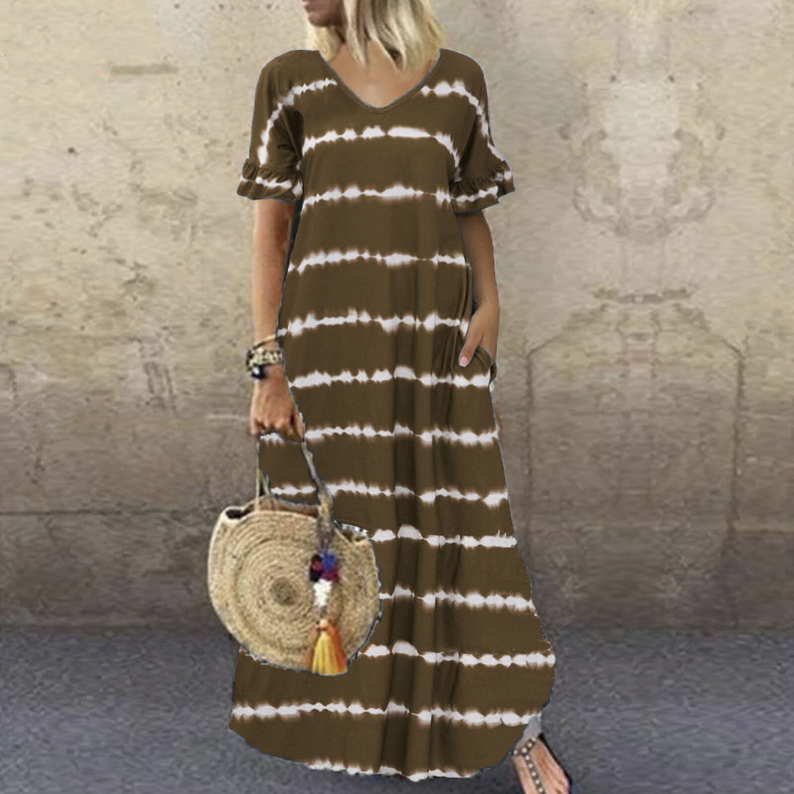 Women’s Striped Maxi Dress Short Sleeve
