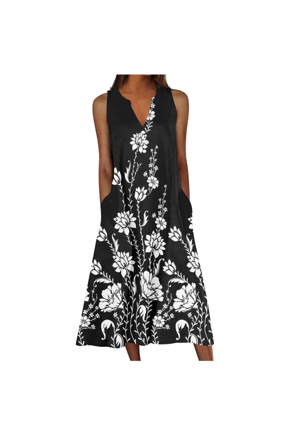 Dresses for Women Casual Summer Boho Beach Dress Loose V Neck Sleeveless Sundresses Swimsuit Cover up with Pockets