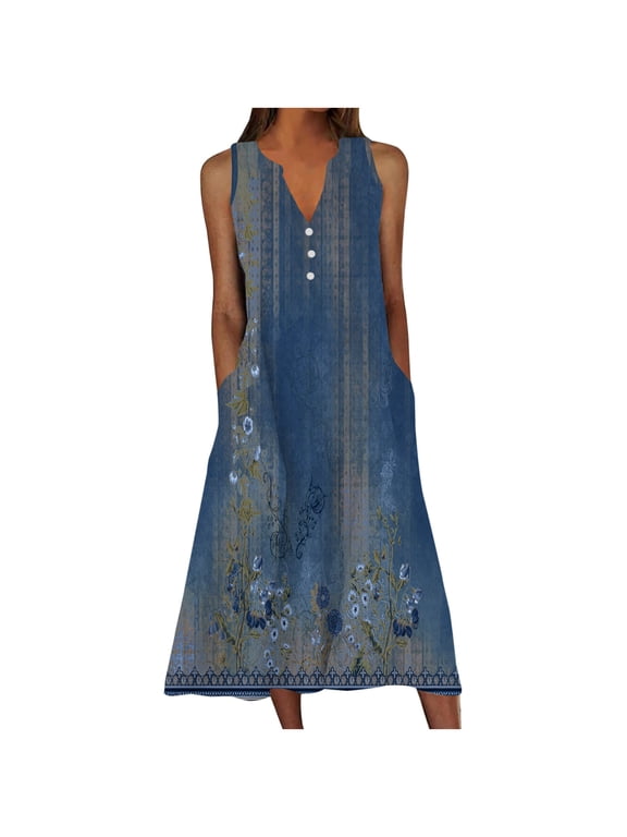 Dresses for Women Casual Summer Boho Beach Dress Loose V Neck Sleeveless Sundresses Swimsuit Cover up with Pockets