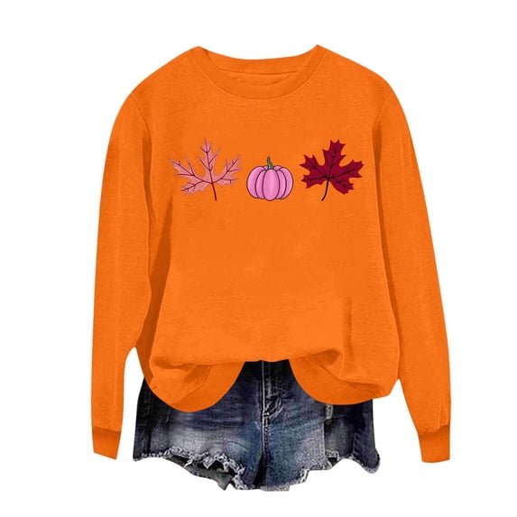 CHGBMOK Women's Sweatshirt Casual Fall Maple Leaf Pumpkin Print Pullover Long Sleeve Crew Neck Shirt