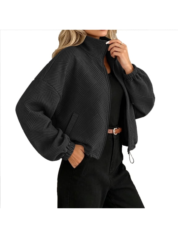 Women's Textured Cropped Jacket Zip Up Stand Collar Long Sleeve Outwear Elastic Cuff Drawstring Hem Loose Drop Shoulder Casual Bomber Coat with Side Pockets