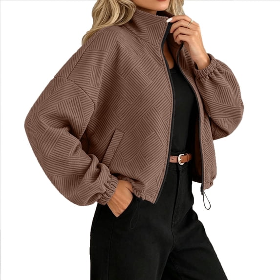 CHGBMOK Women's Textured Cropped Jacket Zip Up Stand Collar Long Sleeve Outwear Elastic Cuff Drawstring Hem Loose Drop Shoulder Casual Bomber Coat with Side Pockets