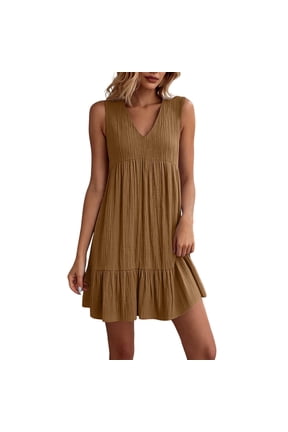Women's Textured Mini Dress V Neck Sleeveless Tiered Ruffle Hem Empire Waist Summer Dress with Pockets