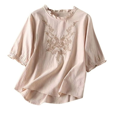 CHGBMOK Women's Tops Spring Summer Solid Color Embroidery Casual Loose T-Shirt Short Sleeve Round-Neck Tops Linen Blouse M-4XL
