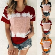 CHGBMOK Womens Tops Summer Casual Loose Tees Tie-dye Printing Round Neck T Shirt