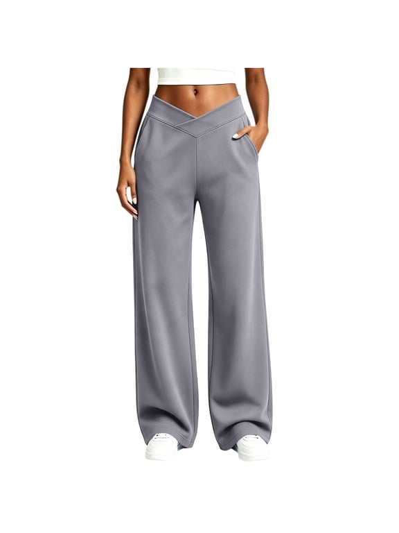 Women's V Cross Waist Sweatpants High Crossover Waist Wide Leg Pants with Pockets Soft Loose Casual Trousers