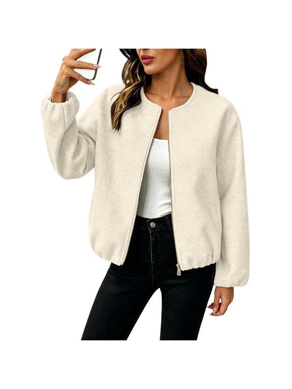 Women's Wool Blend Cropped Jacket Zip Up Casual Round Neck Long Sleeve Coat Elastic Cuffs Hem Outerwear with Pockets