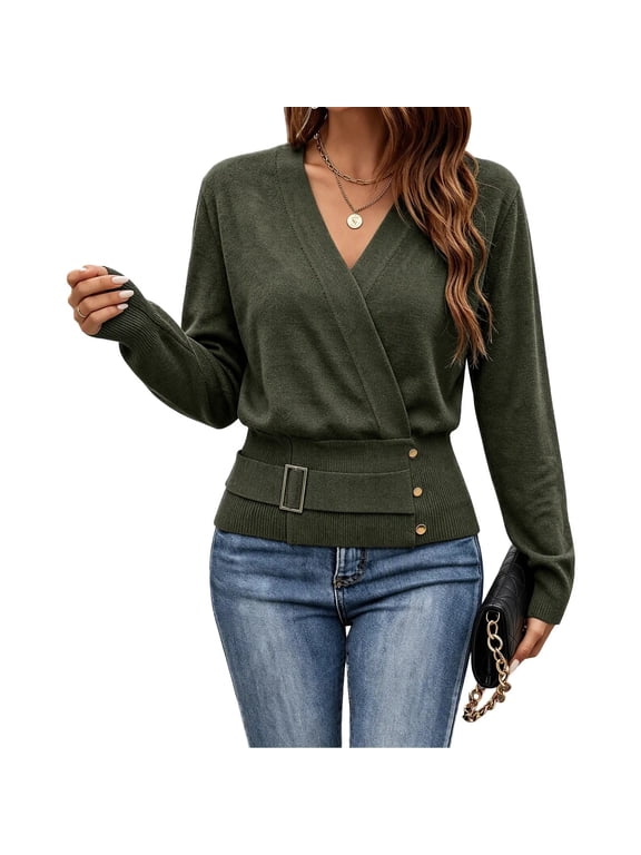 Women's Wrap V Neck Knit Sweater Long Sleeve Slim Fitted Belted Waist Knitted Top Elegant Button Decor Dressy Pullover