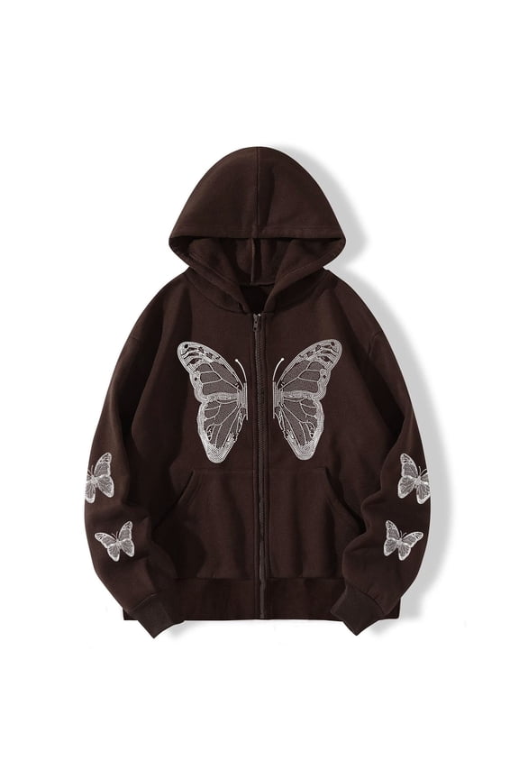 Women's Zipper up Hoodie Gothic Butterfly Printing Hooded Sweatshirts Y2K Retro -Graphic Jacket Outwear