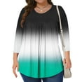thumbnail image 1 of CHGBMOK Womens 3/4 Sleeve Blouses Color Block Crew Neck T Shirts Casual Pleated Tops Curved Hem Going Out Outfit, 1 of 6