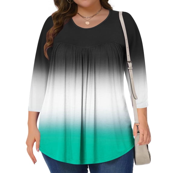 CHGBMOK Womens 3/4 Sleeve Blouses Color Block Crew Neck T Shirts Casual Pleated Tops Curved Hem Going Out Outfit