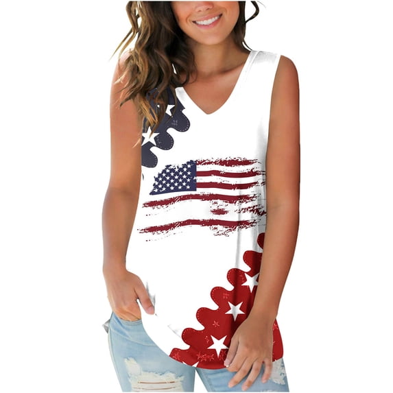 CHGBMOK Womens American Flag Tank Tops 4th of July Camo Tee Summer Loose Sleeveless Patriotic T Shirts USA Star Striped Tops Plus Size