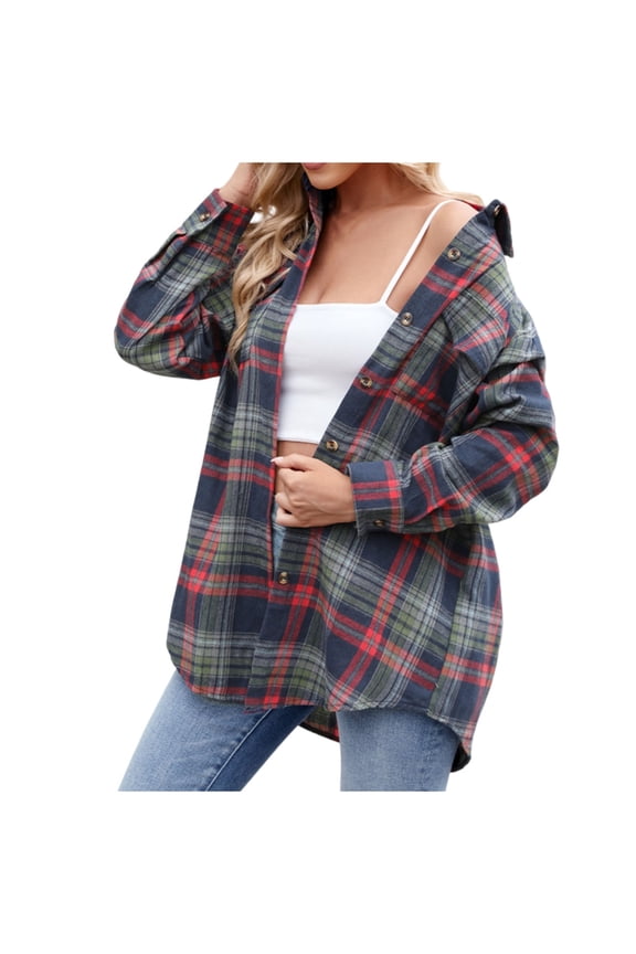 Womens Button Down Flannel Shirts Long Sleeve Plaid Shackets Business Casual Blouse Top