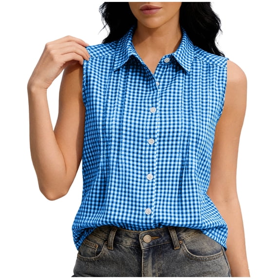 CHGBMOK Womens Button Down Shirts Sleeveless Summer Plaid Tank Top Collared V Neck Casual Dressy Blouses