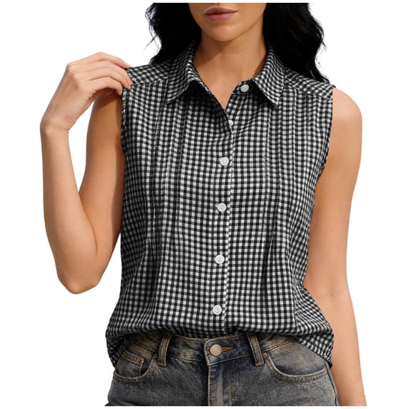 CHGBMOK Womens Button Down Shirts Sleeveless Summer Plaid Tank Top Collared V Neck Casual Dressy Blouses
