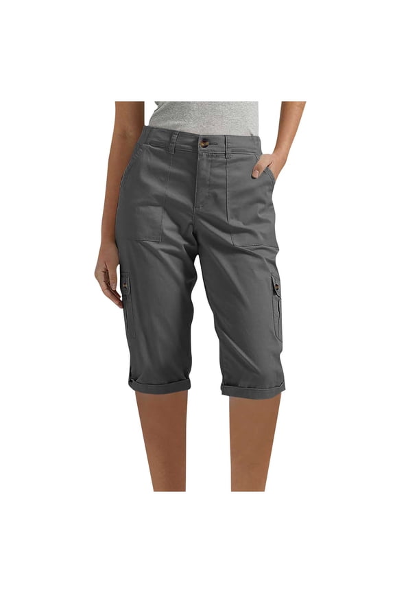 Womens Cargo Shorts Knee Length Breathable Linen Bermuda Shorts with Pockets Elastic Waist Capris Pedal Pushers