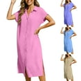 thumbnail image 1 of CHGBMOK Womens Casual Button Down Shirt Dress Collared V Neck Short Sleeve Linen Dress Tunic Blouses Midi Dress with Pockets, 1 of 9