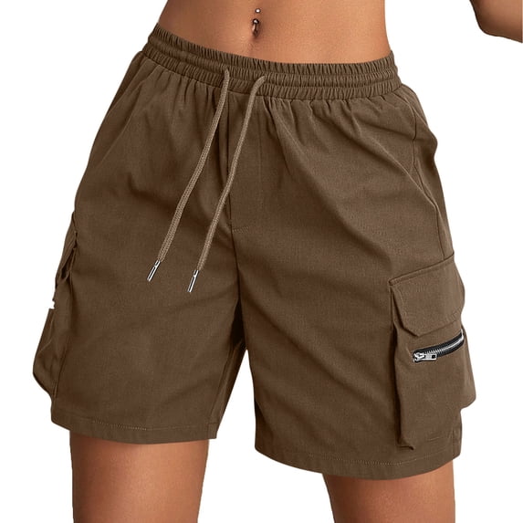 CHGBMOK Womens Casual Cargo Shorts with Pockets Solid Loose Elastic High Waist Drawstring Bermuda Shorts
