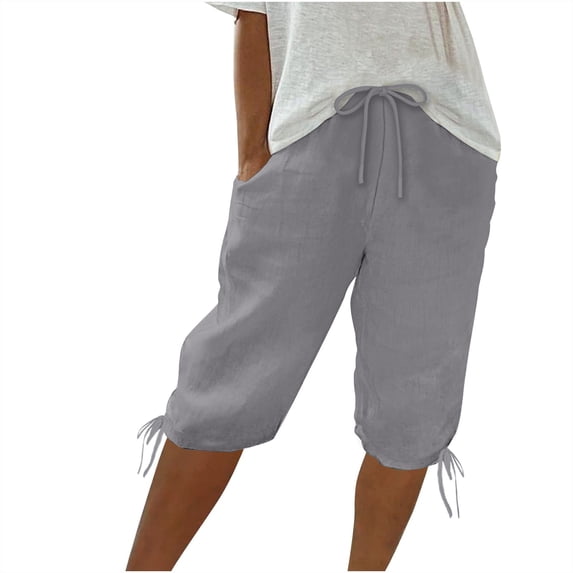 CHGBMOK Womens Casual Linen Shorts Drawstring Elastic Waisted Cuffed Short Pants Summer Solid Plus Size Shorts with Pockets