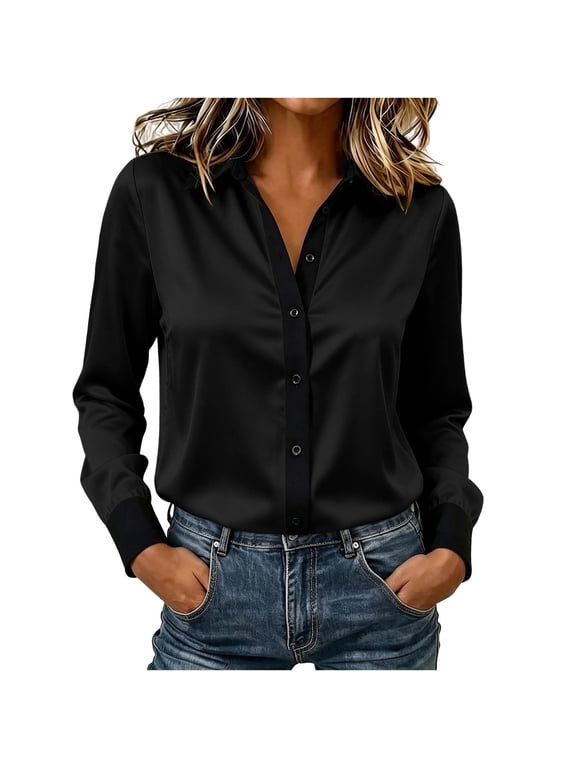 Womens Color Block Collared Shirt Button Down Long Sleeve Blouse Casual Office Curved Hem Tops