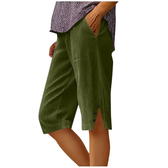 CHGBMOK Womens Corduroy Capri Pants Side Slit Button Bermuda Shorts Straight Knee Length Pants with Pockets