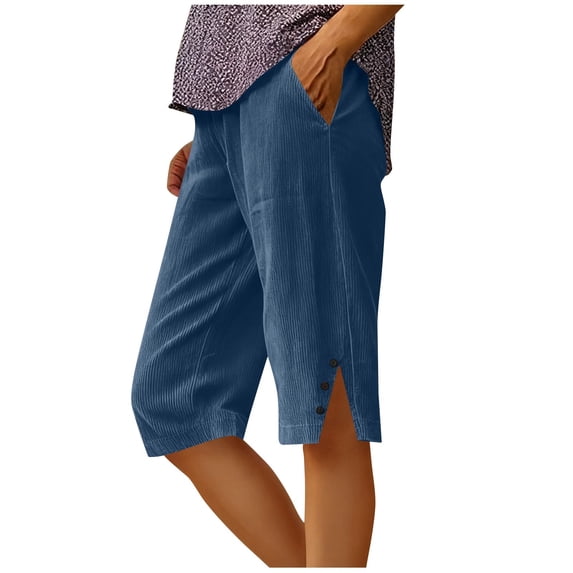 CHGBMOK Womens Corduroy Capri Pants Side Slit Button Bermuda Shorts Straight Knee Length Pants with Pockets