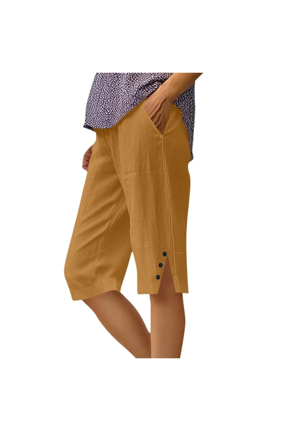 Womens Cotton Linen Capri Pants Side Slit Button Bermuda Shorts Straight Knee Length Pants with Pockets Plus Size