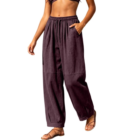 CHGBMOK Womens Cotton Linen Pants Baggy Boho Casual Palazzo Pants Wide Leg Long Lounge Trousers with Pockets