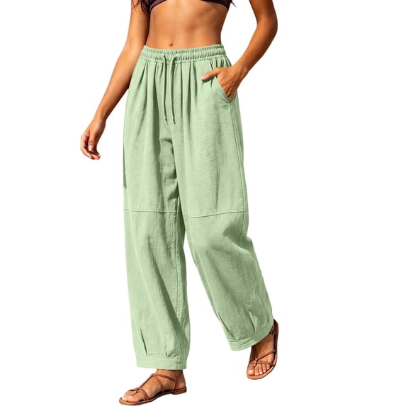 CHGBMOK Womens Cotton Linen Pants Baggy Boho Casual Palazzo Pants Wide Leg Long Lounge Trousers with Pockets
