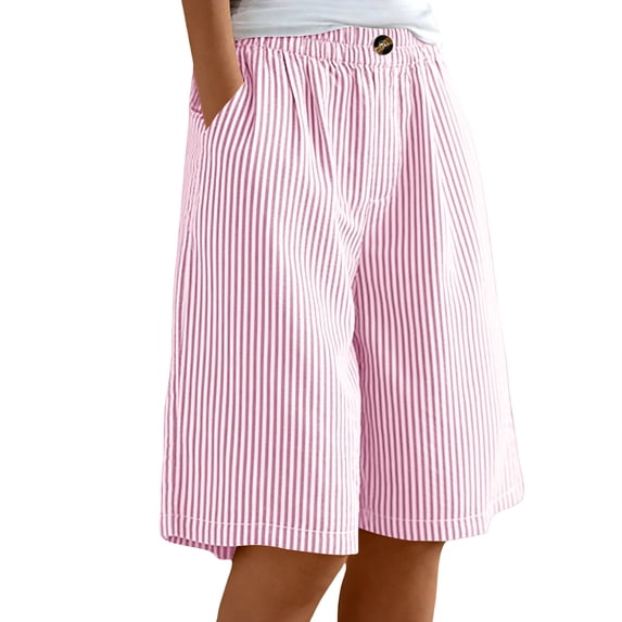 CHGBMOK Womens Cotton Linen Striped Short Pants Elastic Waisted Loose Casual Shorts with Pockets Summer Beach Vacation Outfits