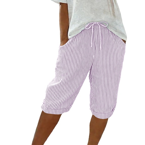 CHGBMOK Womens Cotton Linen Striped Shorts Comfy Drawstring Short Pants with Pockets Summer Beach Vacation Outfits