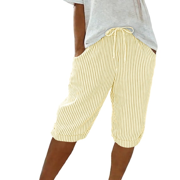 CHGBMOK Womens Cotton Linen Striped Shorts Comfy Drawstring Short Pants with Pockets Summer Beach Vacation Outfits