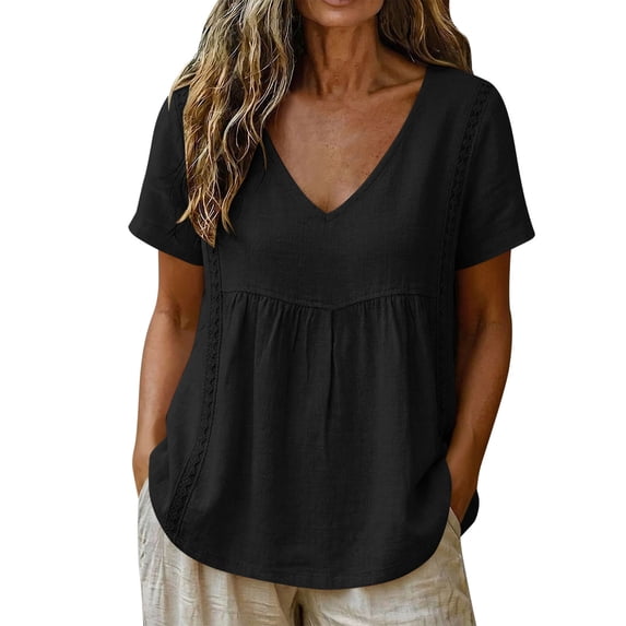 CHGBMOK Womens Cotton Linen T Shirts V Neck Short Sleeve Solid Top Front Ruched Cutout Lace Boho Casual Shirts