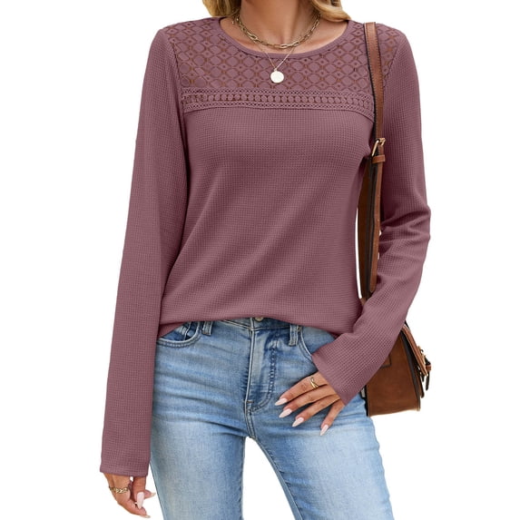 CHGBMOK Womens Crew Neck Tops Long Sleeve Hollow Lace Shoulder Shirts Soft Knit Blouses Office Layering Basic Daily Wear Tops