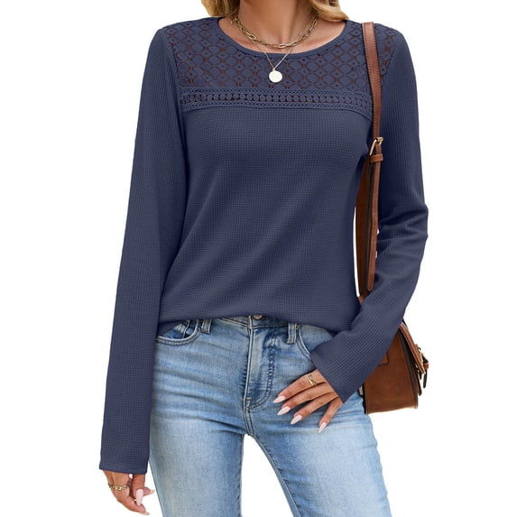 CHGBMOK Womens Crew Neck Tops Long Sleeve Hollow Lace Shoulder Shirts Soft Knit Blouses Office Layering Basic Daily Wear Tops