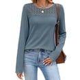 thumbnail image 1 of CHGBMOK Womens Crew Neck Tops Long Sleeve Hollow Lace Shoulder Shirts Soft Knit Blouses Office Layering Basic Daily Wear Tops, 1 of 8