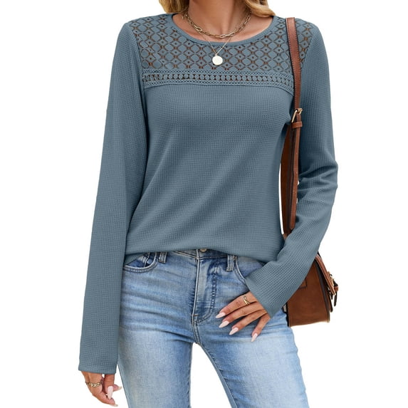 CHGBMOK Womens Crew Neck Tops Long Sleeve Hollow Lace Shoulder Shirts Soft Knit Blouses Office Layering Basic Daily Wear Tops