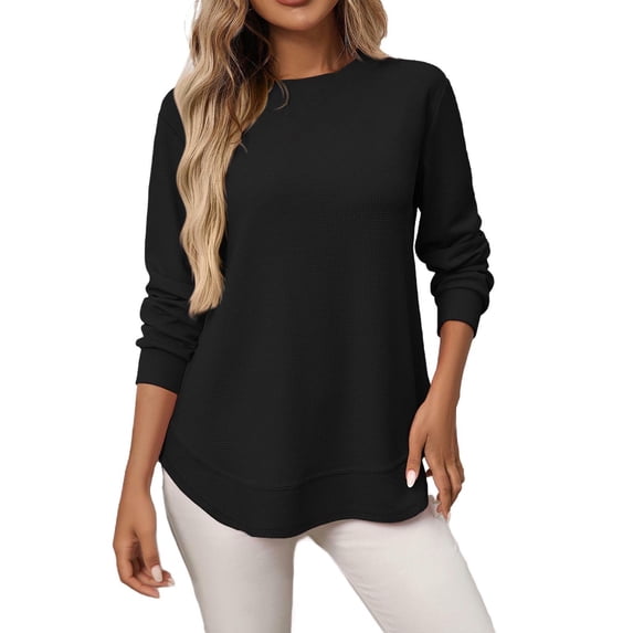 CHGBMOK Womens Crew Neck Tops Long Sleeve Sweatshirts Basic Solid Color Lightweight Casual Loose Fit Curved Hem Pullover