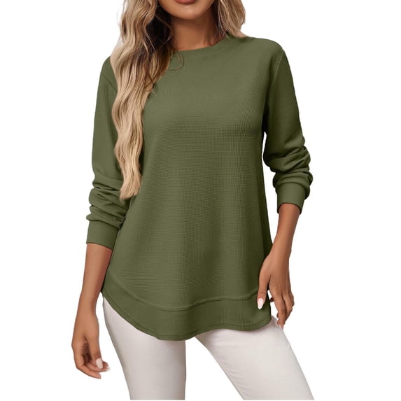CHGBMOK Womens Crew Neck Tops Long Sleeve Sweatshirts Basic Solid Color Lightweight Casual Loose Fit Curved Hem Pullover