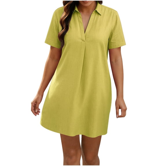 CHGBMOK Womens Dress Collared V Neck Short Sleeve Midi Dress Solid Loose Casual Shift Dress Guest Party Formal Dress