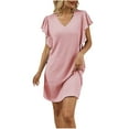 thumbnail image 1 of CHGBMOK Womens Dress V Neck Ruffle Short Sleeve Dresses Solid Loose Casual Shift Dress with Pockets, 1 of 6