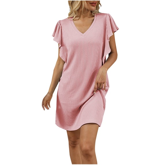 CHGBMOK Womens Dress V Neck Ruffle Short Sleeve Dresses Solid Loose Casual Shift Dress with Pockets