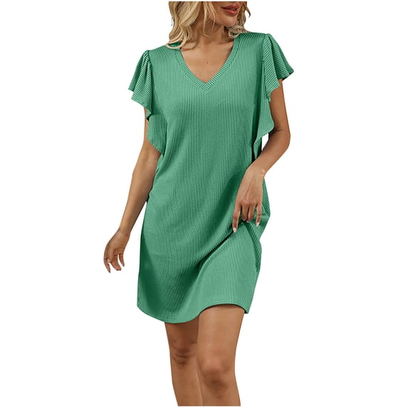 CHGBMOK Womens Dress V Neck Ruffle Short Sleeve Dresses Solid Loose Casual Shift Dress with Pockets
