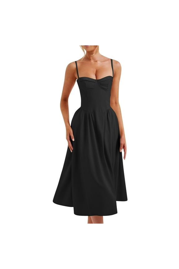 CHGBMOK Womens Dresses Elegant French Waist Belt Pocket Slim Suspender Dress Sizes S-3XL