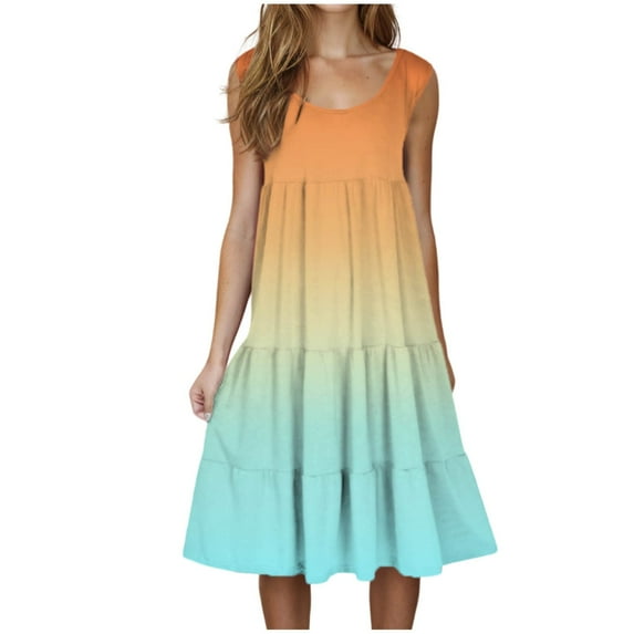 CHGBMOK Womens Dresses Summer Round Neck Print Sleeveless Beach Dress 4XL on Clearance