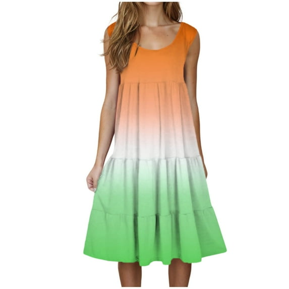 CHGBMOK Womens Dresses Summer Round Neck Print Sleeveless Beach Dress S on Clearance