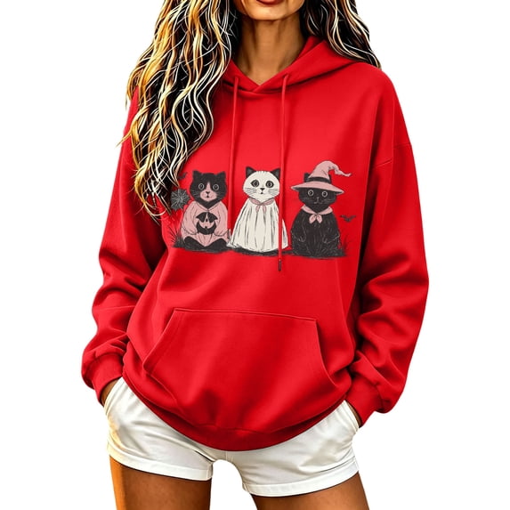 CHGBMOK Womens Drop Shoulder Hoodie Cute Halloween Cat Witch Print Oversized Drawstring Pullover Sweatshirt Casual Long Sleeve Hooded Top with Pocket