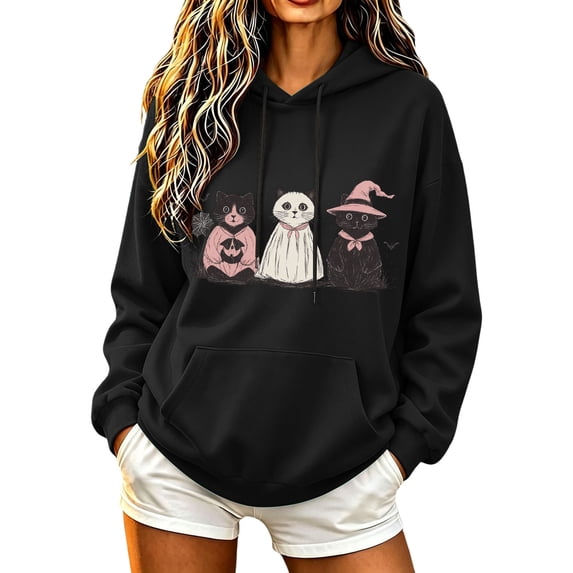CHGBMOK Womens Drop Shoulder Hoodie Cute Halloween Cat Witch Print Oversized Drawstring Pullover Sweatshirt Casual Long Sleeve Hooded Top with Pocket