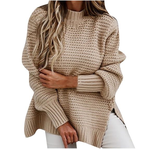 CHGBMOK Womens Fall Sweaters Solid Color Knitted Long Sleeve Pullover Sweater Tops Khaki